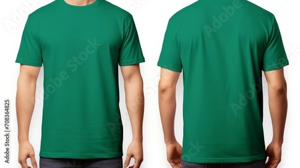 Obraz A man wearing a green blank T-shirt front and back side on a white background, clothing template