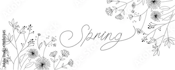 Fototapeta Beautiful flowers and natural leaves decoration spring illustration. Floral and botanical graphic for spring time. 