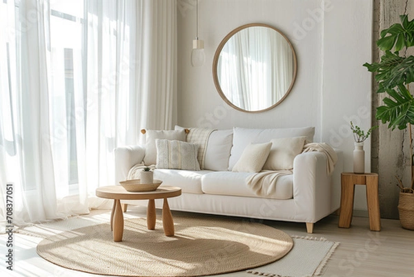 Fototapeta Einrichtung eines Wohnzimmers, skandinavischer Stil, weiße Möbel, Textilien, modern, Spiegel, elegant und lakonisch, Sofa, gemütlich