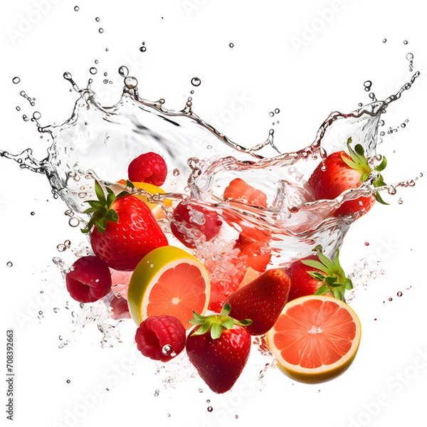 Fototapeta strawberry and Lemon Food splashing in the water on a png background.