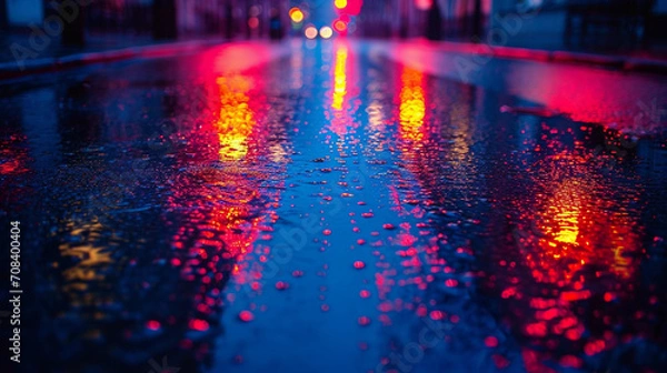 Fototapeta Raining on the road and beautiful neon light reflected on it
