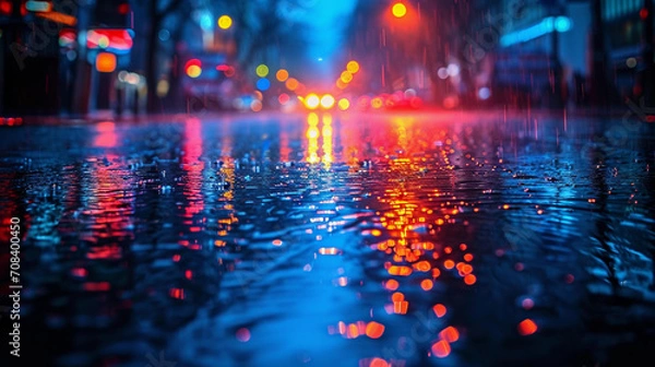 Fototapeta Raining on the road and beautiful neon light reflected on it