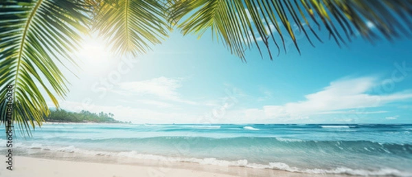 Fototapeta Paradise beach with palm trees and blue sky