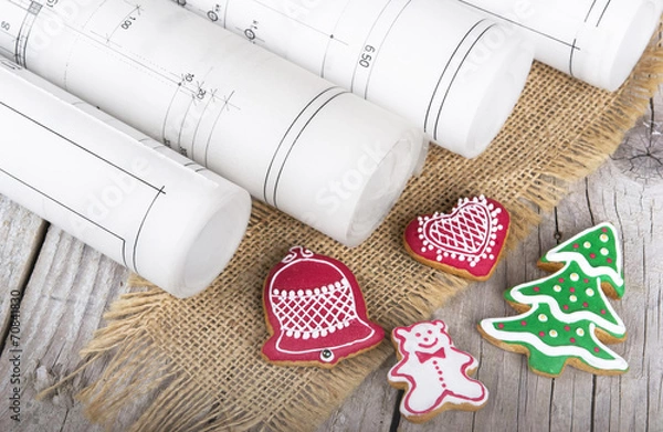 Fototapeta architect blueprints project and  christmas gingerbread