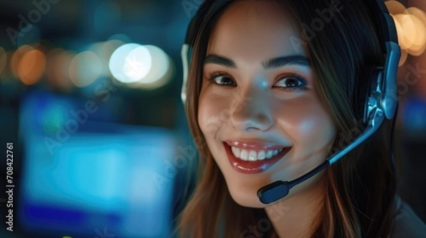 Fototapeta happy female contract service representative telemarketing operator smiling to camera. Happy beautiful woman call center agent or salesman wearing headset working in customer support office