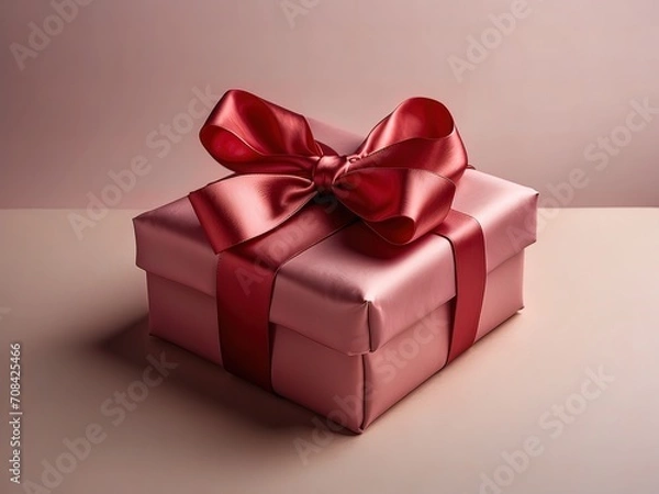 Fototapeta Banner with pink gift box with ribbon and bow on white pink background.Holiday gift with Birthday or Valentine present,flat lay, top view, copy space..Generated by AI