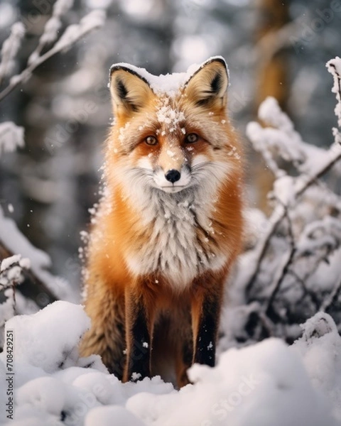 Fototapeta Full body portrait of red fluffy fox on snowy landscape in forest, standing and looking at camera