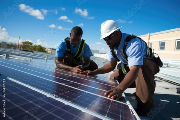 Obraz Two Men Working on Solar Panel Installation on Roof