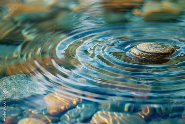 Fototapeta A close-up of a pebble creating ripples on the surface of water, symbolizing the impact of individual actions on equality. The image employs a tranquil color palette. Ripples in the water on a backgro