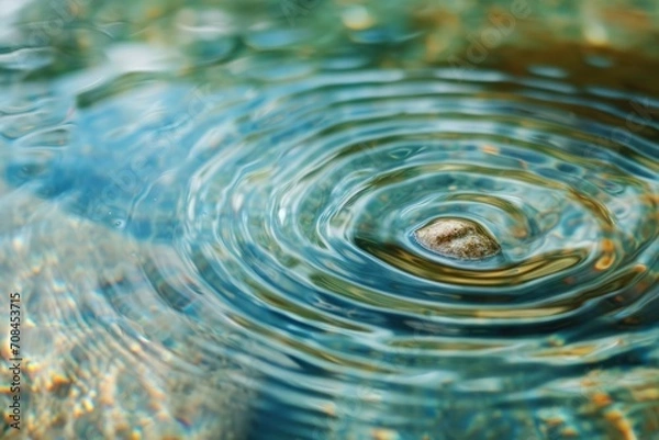 Fototapeta A close-up of a pebble creating ripples on the surface of water, symbolizing the impact of individual actions on equality. The image employs a tranquil color palette. Ripples in the water on a backgro