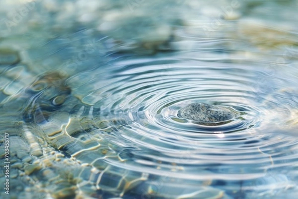 Fototapeta A close-up of a pebble creating ripples on the surface of water, symbolizing the impact of individual actions on equality. The image employs a tranquil color palette. Ripples in the water on a backgro
