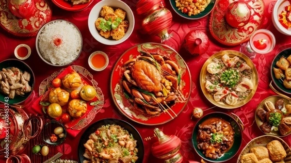 Fototapeta Top view of Chinese New Year dishes on red tablecloth. Chinese New Year dinner concept