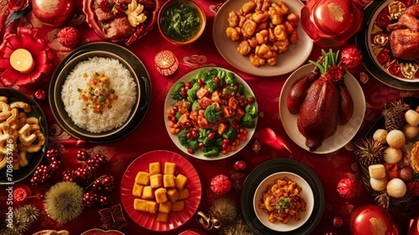 Fototapeta Top view of Chinese New Year dishes on red tablecloth. Chinese New Year dinner concept