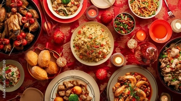 Fototapeta Top view of Chinese New Year dishes on red tablecloth. Chinese New Year dinner concept