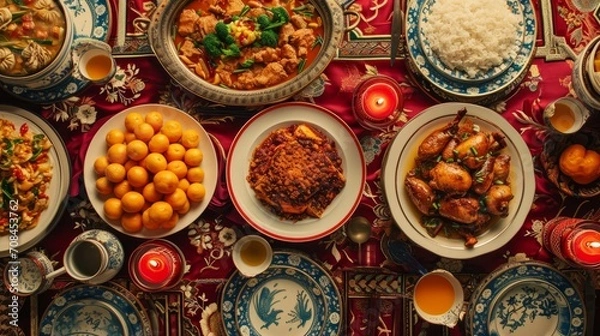 Fototapeta Top view of Chinese New Year dishes on red tablecloth. Chinese New Year dinner concept