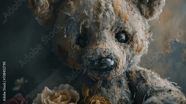 Fototapeta A close-up of a tattered teddy bear, its fur worn and eyes faded with time. 