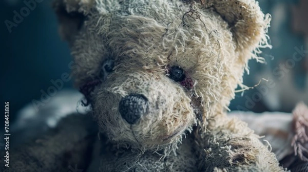 Fototapeta A close-up of a tattered teddy bear, its fur worn and eyes faded with time. 