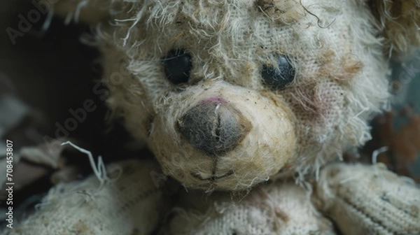 Fototapeta A close-up of a tattered teddy bear, its fur worn and eyes faded with time. 