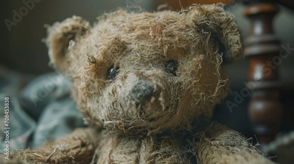 Fototapeta A close-up of a tattered teddy bear, its fur worn and eyes faded with time. 