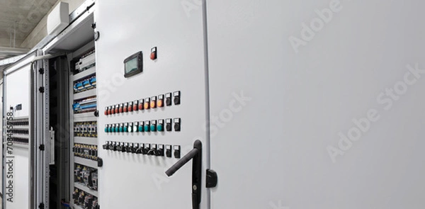 Fototapeta Electrical and electronic panel cabinet for automation and system control of industrial processes, Hvac, management of heating, ventilation, air conditioning and cooling. With copy space background