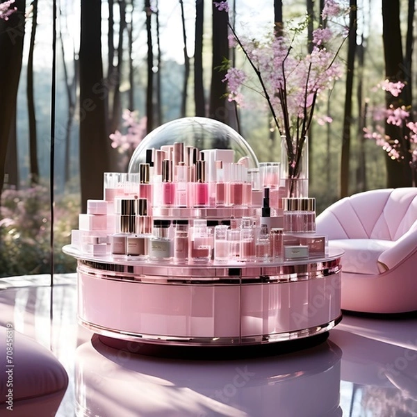 Obraz pink cosmetic products on  a pink table