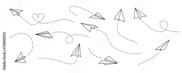 Fototapeta Vector paper airplane. Outline flying planes with dotted track direction. Travel or message symbol. Black linear paper plane icon