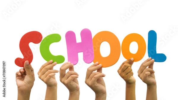 Fototapeta Multiple hands holding the word school