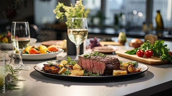 Fototapeta mouthwatering medium rare beef tenderloin steak with vegetables is placed on a plate on the dining table, ready to eat.Generative ai