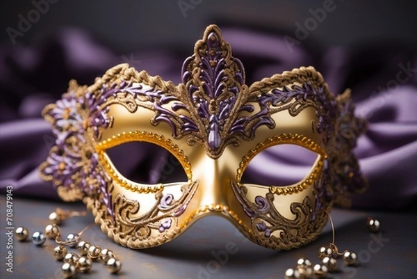 Fototapeta Vibrant carnival mask on bright solid color background with copy space for text placement