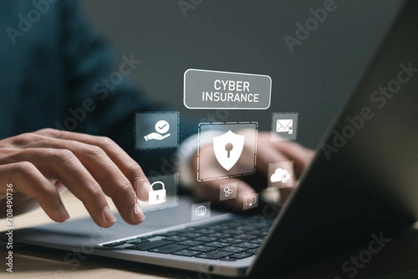 Obraz Cyber security data protection business technology privacy concept. businessman using laptop with cyber insurance icons on virtual screen.