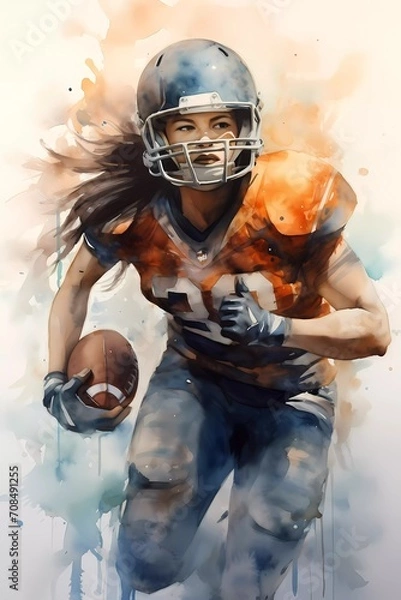 Fototapeta female american football athletes, in watercolor style. generative ai