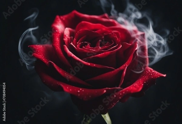 Fototapeta Red rose wrapped in smoke swirl on black background  close up. Gesture of love for Valentine's day
