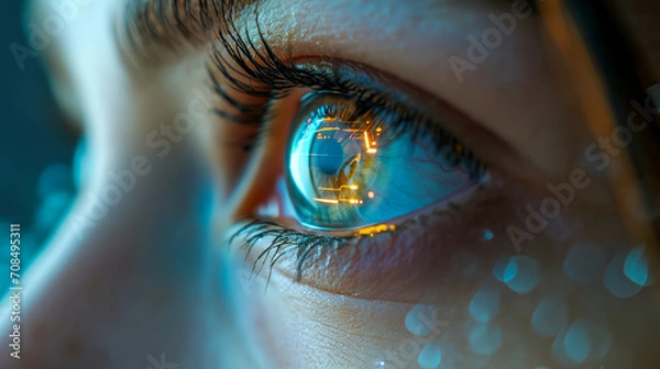 Fototapeta Female eye close up with smart contact lens with digital and bio-metric implants to scanning the ocular retina. Future concept and hi tech technology for computer scans of face identification