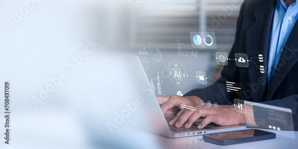 Fototapeta Businessman employing artificial intelligence (AI) for data management to business analytics using charts, metrics, and KPIs to improve organisational performance, marketing organisation planning