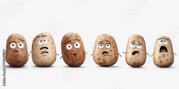 Fototapeta Collection of Friendly Potato Characters Expressing Emotions in Cartoon Caricature Style on Transparent Background