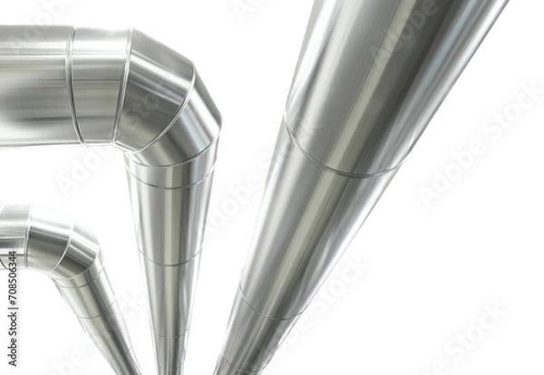 Fototapeta Metal pipes isolated on a white background, distribution duct pipelines, banner with copy space, heating and cooling plant air ventilation ductwork. HVAC system