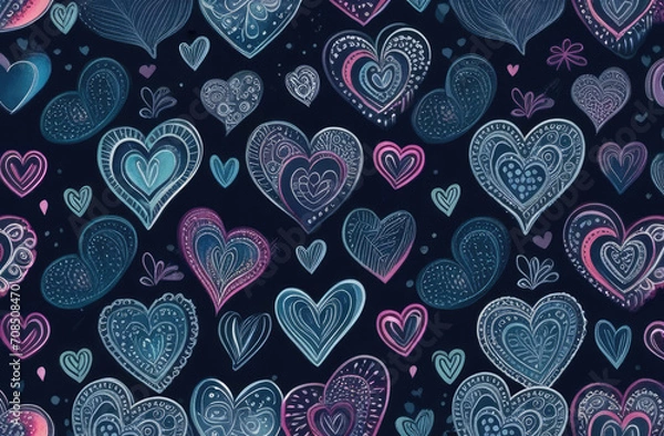 Fototapeta Hand drawn hearts and love signs romantic seamless pattern. Isolated drawn monochrome repeating patterns on a dark background. Cute doodle heart style seamless pattern on dark background