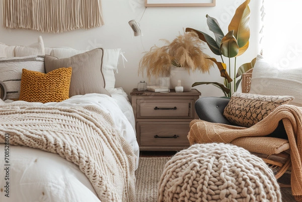 Fototapeta modern minimalist bed room. Clean lines, Neutral tones with pops of greenery Key elements