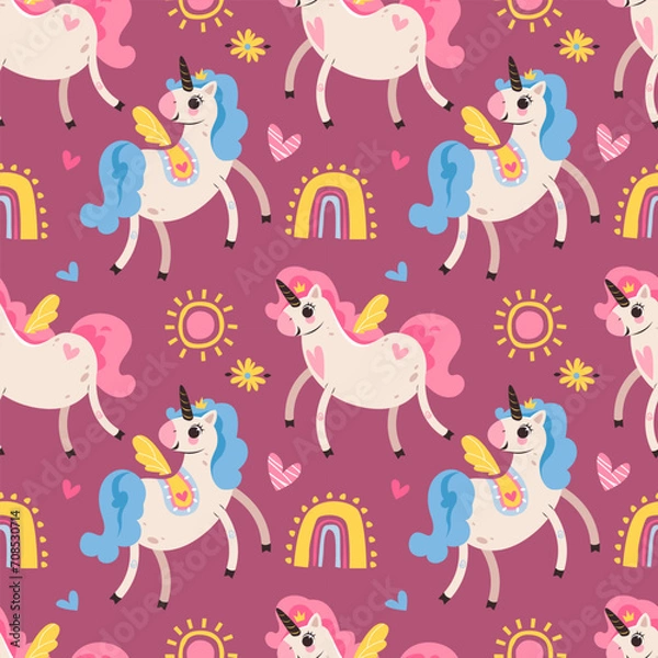 Fototapeta Seamless patterns with cute magical unicorns and rainbows. Vector illustration