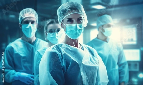 Fototapeta Medical doctors and surgeon professional team with clinic background for healthcare, nursing care teamwork, hospital ER surgical service and patient trust concept.