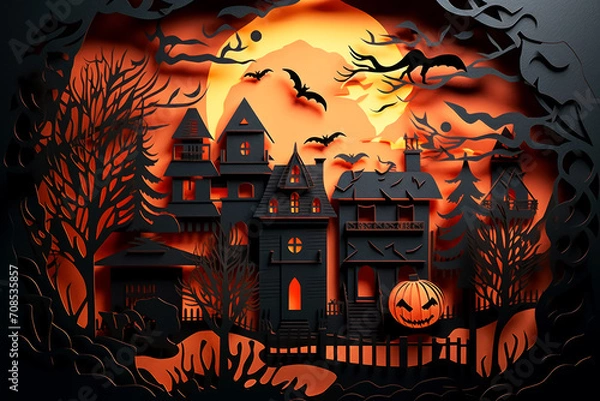 Fototapeta Halloween night composition with old castle, scary forest, bats and pumpkin. Modern paper cut style flyer or invitation template for halloween party. Generative AI