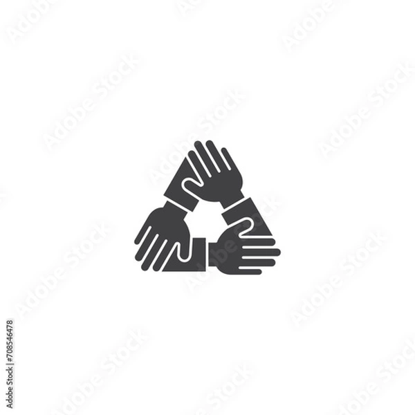 Obraz Teamwork, three hands support each other, mutual triangle. Vector outline icon illustration