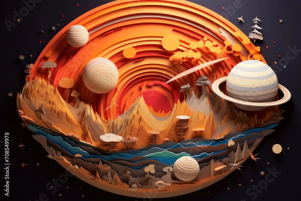 Fototapeta Layered style paper cut illustration of a colored space composition. Created using generative AI.
