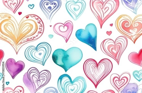 Fototapeta Hand drawn hearts and love signs romantic seamless pattern. Isolated drawn multi-colored repeating patterns on a white background. Cute doodle heart style seamless pattern on white background