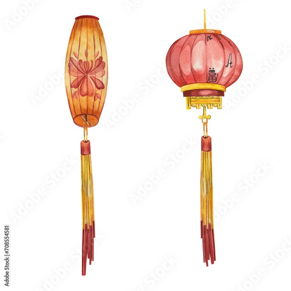 Fototapeta Set of watercolor illustrations. Chinese lanterns for the New Year. Red and yellow lanterns with patterns and pendants, hand-painted in watercolor. Suitable for cards, posters, design and scrapbooking