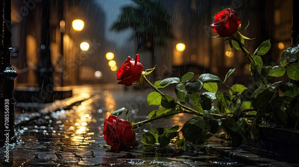 Fototapeta At night in the city with rainy weather there is a rose lying on the street with thick branches and green leaves