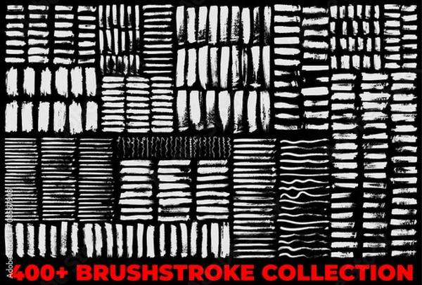 Obraz Mega Collection of vector hand drawn brush strokes and stains. Ink splatters, grungy painted lines, artistic design elements: waves, circles, triangles. Vector paintbrush set