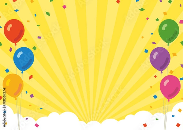 Fototapeta 黄色い集中線を背景にした、風船と紙吹雪と雲のフレーム素材