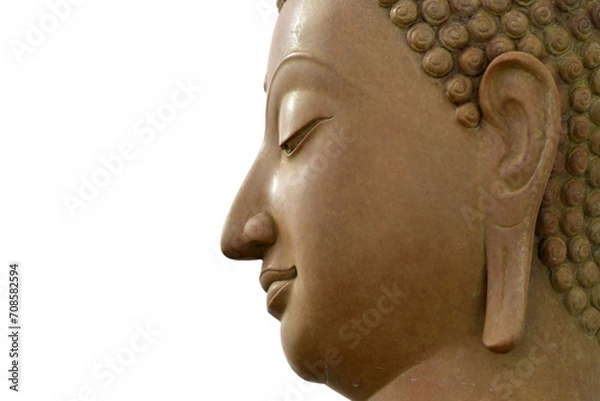 Obraz Close-up of the face of a brown stone Buddha in Buddhism, white background.