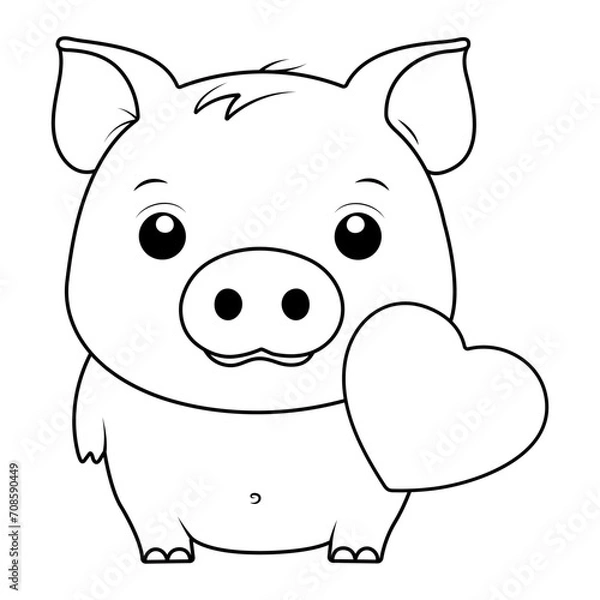 Fototapeta Kawaii pig with heart coloring page. Outline vector illustration.